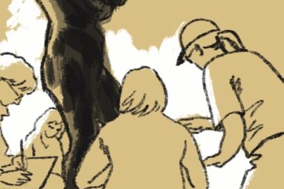 Des visiteurs sont en train de dessiner une oeuvre de Rodin - Agrandir l'image, fenêtre modale