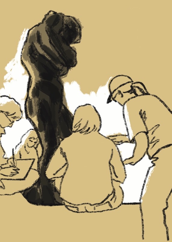 un dessin où des visiteurs sont en train de dessiner une oeuvre de Rodin - Agrandir l'image, fenêtre modale