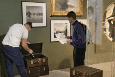 Des visiteurs sont en train de jouer à un escape game et de fouiller dans des coffres à la recherche d'indice
